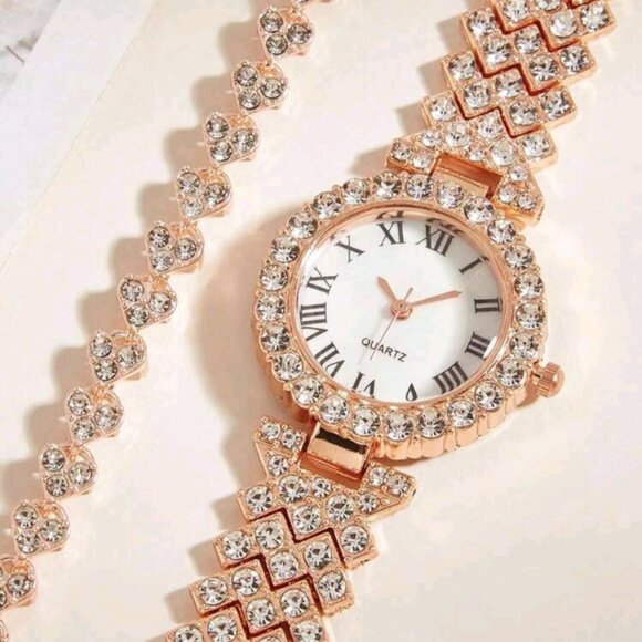 2 pcs Rose Gold Quartz Watch and Bracelet with Rhinestones for Women - Picture 3 of 7